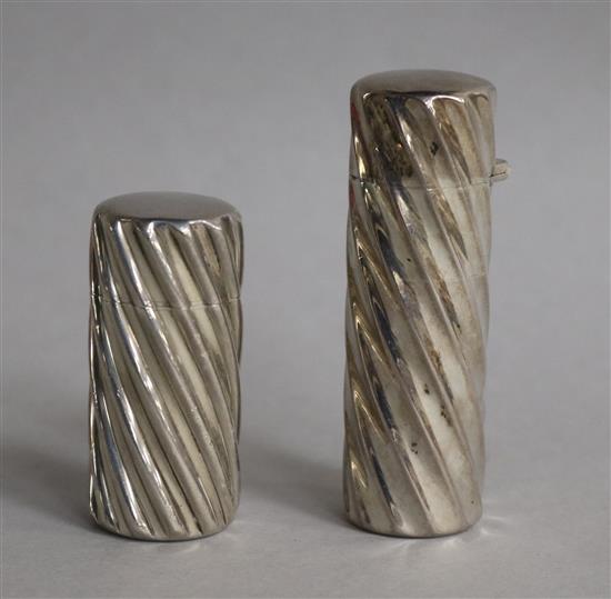 Two silver spiral cased cylindrical scent bottles by Sampson Mordan, London, 1889 and London, 1899, tallest 72mm.